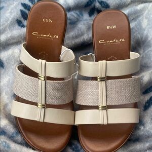 Cream Triple-Strap Italian Size  6 1/2W Sandals with Textured Fabric